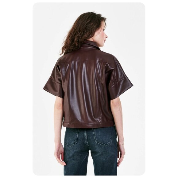 * Dear John Faux Leather Short Sleeve Snap Front Shirt sz xs - Picture 3 of 8